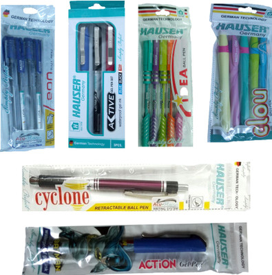 

HAUSER GERMANY ACTIVE GEL PEN SET ( BLUE, BLACK, RED ) + EON BALL PEN + CYCLONE BALL PEN + ACTION GEL PEN + IDEA BALL PEN + CLOU BALL PEN Stationery Set