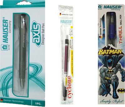 

HAUSER GERMANY CYCLONE RETRACTABLE BALL PEN + AXIS DESIGNER BALL PEN +BATMAN THRILL BALL PEN Ball Pen(Pack of 3)