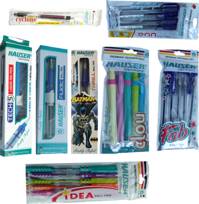 

HAUSER GERMANY THRILL BALL PEN+ FLUIDIC BALL PEN + FAB BALL PEN +IDEA BALL PEN + EON BALL PEN +CLOU BALL + CYCLONE RETRACTABLE BALL PEN + TECH 5 LIQUID INK PEN Ball Pen(Pack of 8)