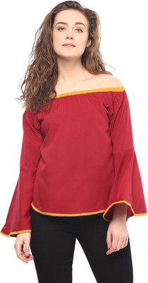 MAYRA Casual Bell Sleeve Solid Women Red Top