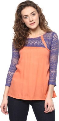 MAYRA Casual 3/4 Sleeve Color Block Women Blue, Orange Top