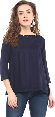MAYRA Casual Regular Sleeve Solid Women Dark Blue Top