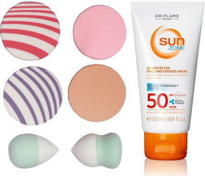 

Oriflame Sweden SUN Zone UV Protector Face and Exposed Areas SPF 50 High (50ml) 23378 With Puff Sponge(Set of 7)