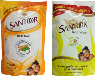

SANTOOR CLASSIC SANDALWOOD & TULSI HAND WASH 180 ML+ EXTRA GENTLE MOISTURISING GERM PROTECTION HAND WASH 180 ML(180 ml, Pouch, Pack of 2)