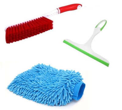 De AUTOCARE 3 in 1 Car cleaning kit of Multi-purpose Microfiber Gloves for Washing, Carpet Cleaning Brush with Hard & Long Bristles, Window Glass Wiper Cleaner Combo