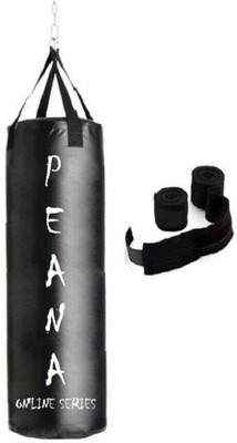 

PEANA Online Series 3.5 Feet Long, Synthetic Leather Material, Black Color, Unfilled with Hanging Straps and 9 Feet Long Black Color Hand Wraps Pair Boxing Kit