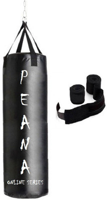 

PEANA Online Series 1.5 Feet Long, Synthetic Leather Material, Black Color, Unfilled with Hanging Straps and 9 Feet Long Black Color Hand Wraps Pair Boxing Kit
