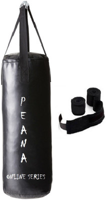 

PEANA Online Series 2.5 Feet Long, PU Material, Black Color, Unfilled with Hanging Straps and 9 Feet Long Black Color Hand Wraps Pair Boxing Kit