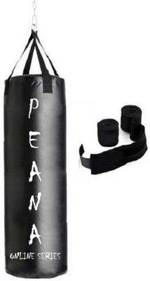 

PEANA Online Series 3.0 Feet Long, Synthetic Leather Material, Black Color, Unfilled with Hanging Straps and 9 Feet Long Black Color Hand Wraps Pair Boxing Kit