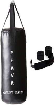 

PEANA Online Series 4.5 Feet Long, PU Material, Black Color, Unfilled with Hanging Straps and 9 Feet Long Black Color Hand Wraps Pair Boxing Kit
