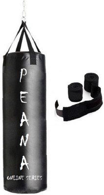 

PEANA Online Series 2.0 Feet Long, Synthetic Leather Material, Black Color, Unfilled with Hanging Straps and 9 Feet Long Black Color Hand Wraps Pair Boxing Kit