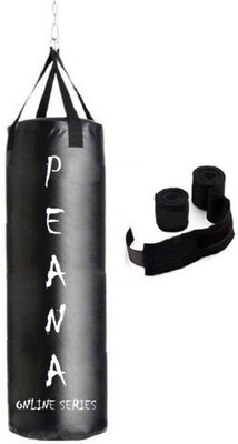 

PEANA Online Series 2.5 Feet Long, Synthetic Leather Material, Black Color, Unfilled with Hanging Straps and 9 Feet Long Black Color Hand Wraps Pair Boxing Kit