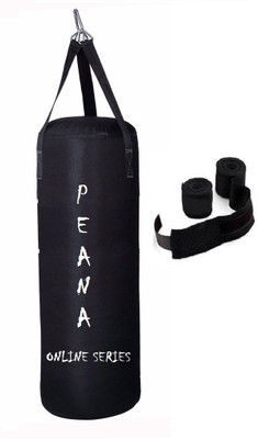 

PEANA Online Series 1.5 Feet Long, CANVAS Material, Black Color, Unfilled with Hanging Straps and 9 Feet Long Black Color Hand Wraps Pair Boxing Kit