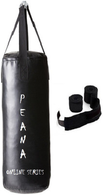 

PEANA Online Series 3.0 Feet Long, PU Material, Black Color, Unfilled with Hanging Straps and 9 Feet Long Black Color Hand Wraps Pair Boxing Kit