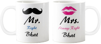 Exoctic Silver Mrs. & Mr.Bhat -Anniversary Love Valentine 02 Ceramic Mug(325 ml, Pack of 2), Multicolor