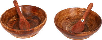 

KDT Wooden Snack Food Bowl L With Wooden Spoon - Set of 2 Bowl Tray Serving Set(Pack of 4)