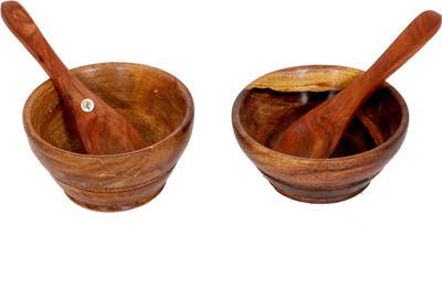

KDT Wooden Snack Food Bowl S With Wooden Spoon - Set of 2 Bowl Tray Serving Set(Pack of 4)