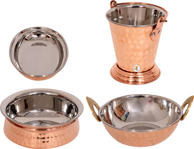 

KDT Copper Steel Serving Plate , Kadhai, Donga With Balti Bowl Tray Serving Set(Pack of 4)