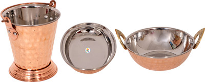 

KDT Copper Steel Serving Plate , Kadhai with Balti Bowl Tray Serving Set(Pack of 3)