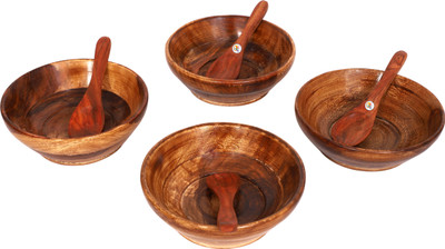

KDT Wooden Snack Food Bowl L With Wooden Spoon - Set of 4 Bowl Tray Serving Set(Pack of 8)