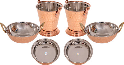 

KDT Copper Steel Serving Plate , Kadhai with Balti - Set of 2 Bowl Tray Serving Set(Pack of 6)