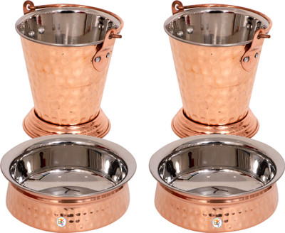 

KDT Copper Steel Donga With Balti - Set of 2 Bowl Tray Serving Set(Pack of 4)