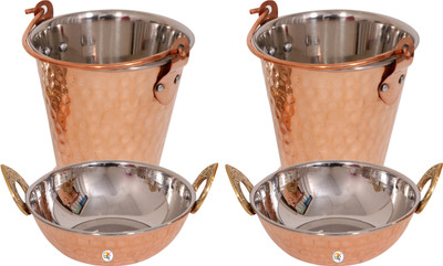 

KDT Copper Steel Kadhai Wok Bowl With Balti - Set of 2 Bowl Tray Serving Set(Pack of 4)