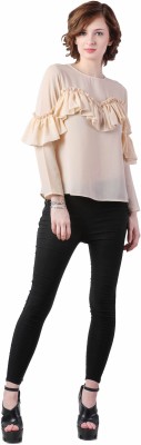 Delis Casual Regular Sleeve, Flared Sleeve Solid Women Beige Top