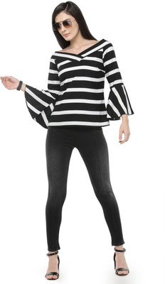 PLUSS Casual 3/4 Sleeve Striped Women Black Top