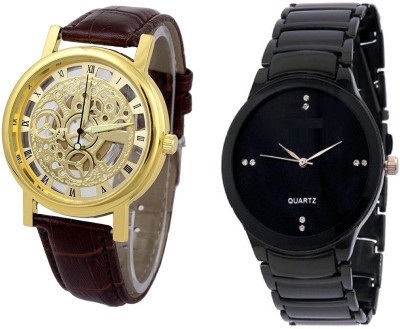 FASHION POOL FULL BLACK & OPEN DIAL SKELETON BLACK & BROWN MOST ULTIMATE COMBO WATCH FOR MEN & BOYS FAST SELLING WATCH WITH BLACK METAL BELT & BROWN LEATHER BELT WATCH FOR FESTIVAL & PARTY WEAR COLLECTION Watch  - For Men   Watches  (FASHION POOL)