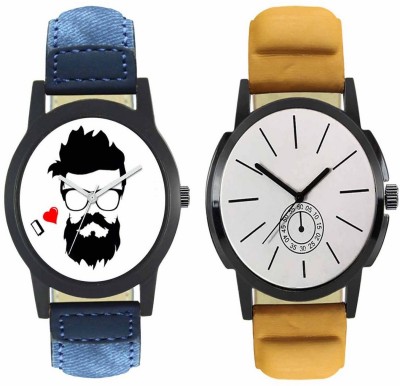 FASHION POOL BOYS & GENTS ROUND ANALOG DIAL NEW ARRIVAL VIRAT KOHLI BEARD SPECIAL COMBO WITH OFF WHITE VINTAGE DIAL GRAPHICS WATCH HAVING DENIM BLUE & SHINNING LEATHER BELT WATCH FOR FESTIVAL & PARTY WEAR COLLECTION Watch  - For Men   Watches  (FASHION POOL)