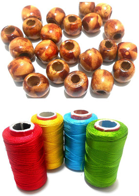 

GOELX Silk threads shiny 4 spools with wooden beads combo for wrapping, silk thread jewelry