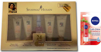 

Shahnaz Husain Gold 24 Carat Facial Kit & Nivea Fruity Shine Strawberry Lip Balm(Set of 2)