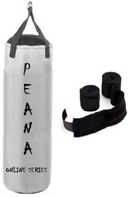 

PEANA Online Series 1.5 Feet Long, Synthetic Leather Material, White Color, Unfilled with Hanging Straps and 9 Feet Long Black Color Hand Wraps Pair Boxing Kit