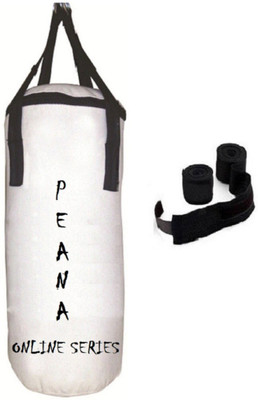 

PEANA Online Series 5.0 Feet Long, CANVAS Material, White Color, Unfilled with Hanging Straps and 9 Feet Long Black Color Hand Wraps Pair Boxing Kit