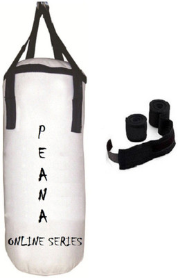 

PEANA Online Series 3.0 Feet Long, CANVAS Material, White Color, Unfilled with Hanging Straps and 9 Feet Long Black Color Hand Wraps Pair Boxing Kit