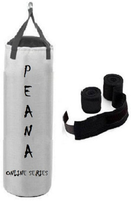 

PEANA Online Series 5.0 Feet Long, Synthetic Leather Material, White Color, Unfilled with Hanging Straps and 9 Feet Long Black Color Hand Wraps Pair Boxing Kit