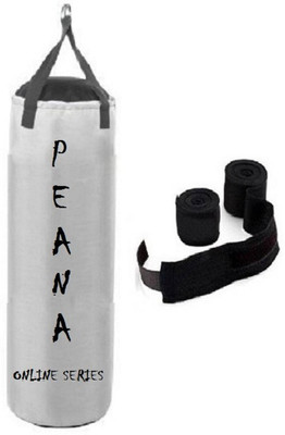 

PEANA Online Series 2.0 Feet Long, Synthetic Leather Material, White Color, Unfilled with Hanging Straps and 9 Feet Long Black Color Hand Wraps Pair Boxing Kit