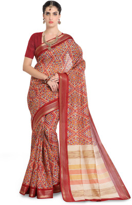 Divastri Printed, Geometric Print Kalamkari Art Silk Saree(Red)