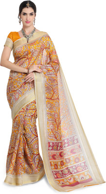Divastri Printed Kalamkari Art Silk Saree(Gold, Mustard) Divastri Printed Kalamkari Art Silk Saree(Gold, Mustard)