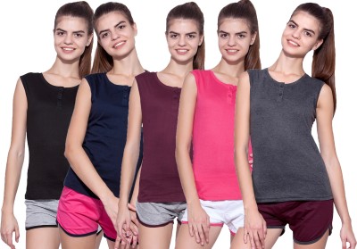 Ap'pulse Solid Women Henley Neck Dark Blue, Maroon, Black, Pink, Grey T-Shirt