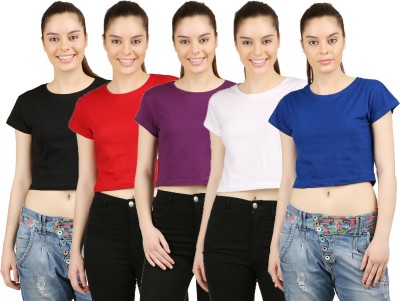 Ap'pulse Solid Women Round Neck Purple, Red, White, Blue, Black T-Shirt