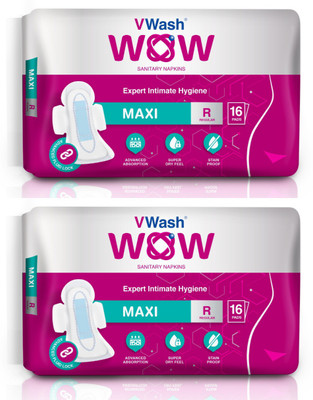 

VWash WOW Sanitary Napkin Maxi Regular 16 Pads Intimate Wipes(16 Sheets, Pack of 2)