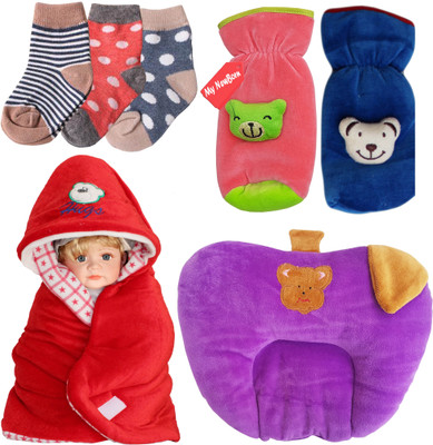 

My New Born Daily Use pack having 1 baby wrapper, 2 feeding bottle covers, 1 mustard seed filled pillow and 3 pairs of socks for babies(Multicolor)