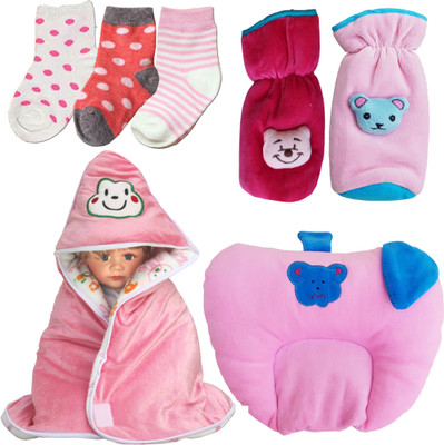 

My New Born Daily Use pack having 1 baby wrapper, 2 feeding bottle covers, 1 mustard seed filled pillow and 3 pairs of socks for babies(Multicolor)