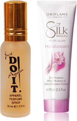 

Oriflame Sweden Silk Beauty White Glow Hand Cream 75ml (26436) With Just Doit Perfume 30ml(Set of 2)
