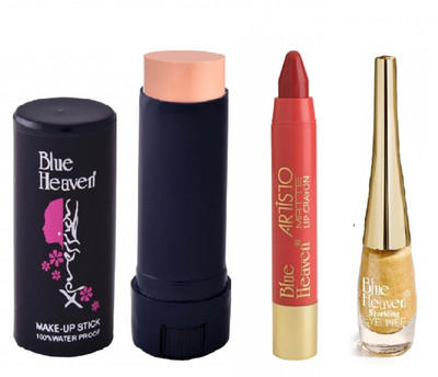 Blue Heaven XPRESSION MAKEUP STICK, BLUSH, ARTISTO VELVET MATTE LIP CRAYON, RED FIRE & SPARKLING EYELINER, GOLDEN, COMBO BY BEAUTYANDCARE(Set of 3)