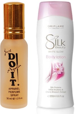 

Oriflame Sweden Silk Beauty White Glow Body Lotion 200ml (23555) With Just Doit Perfume 30ml(Set of 2)