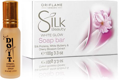 

Oriflame Sweden Silk Beauty White Glow Soap Bar 100g (22715) With Just Doit Perfume 30ml(Set of 2)