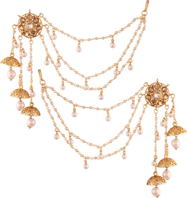 I Jewels Gold Plated Pearl Jhumki Earrings with Hair Chain for Women Alloy Jhumki Earring I Jewels Gold Plated Pearl Jhumki Earrings with Hair Chain for Women Alloy Jhumki Earring